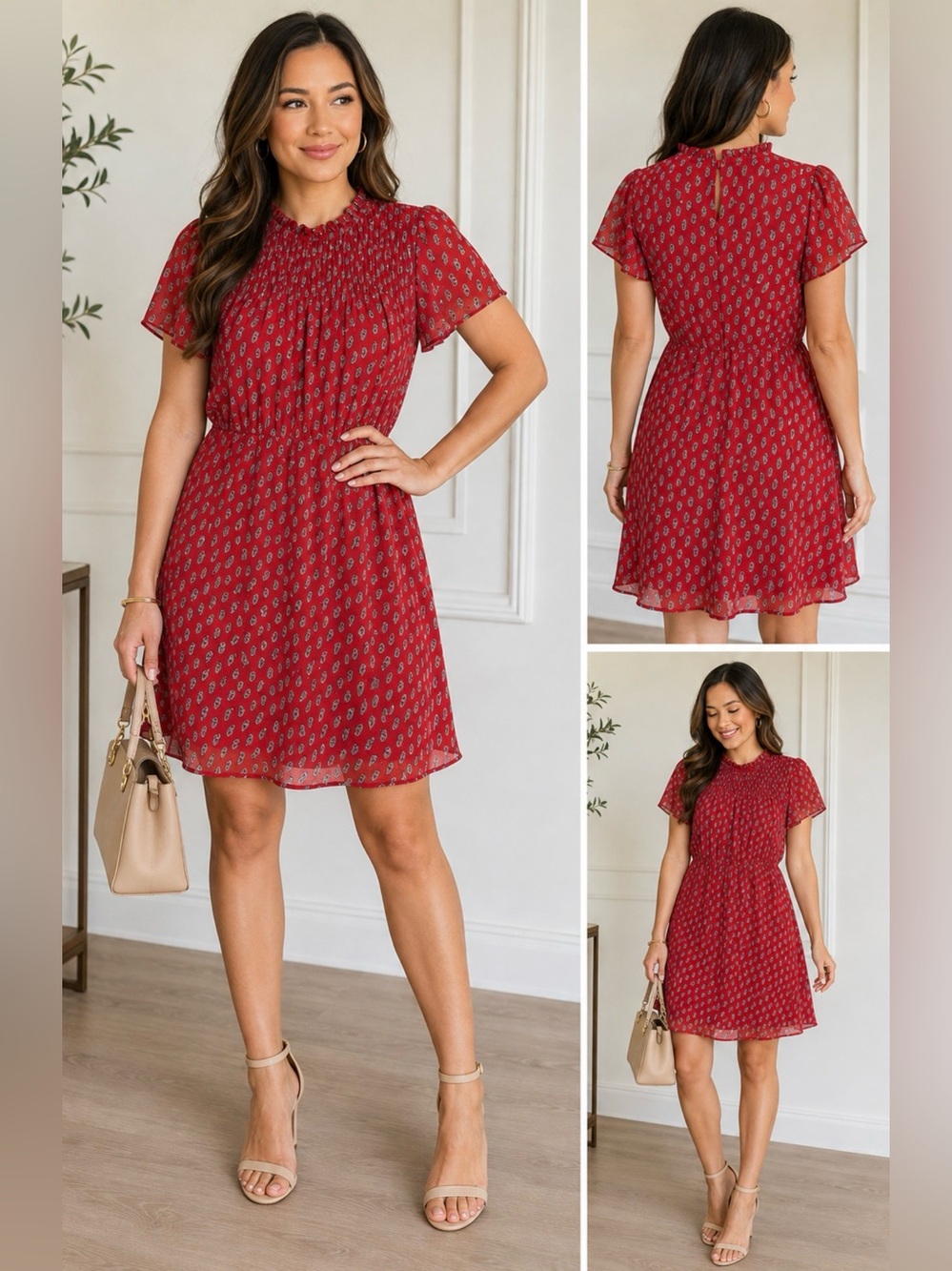LOFT Petites Red Paisley Print Chiffon Dress Size 10P